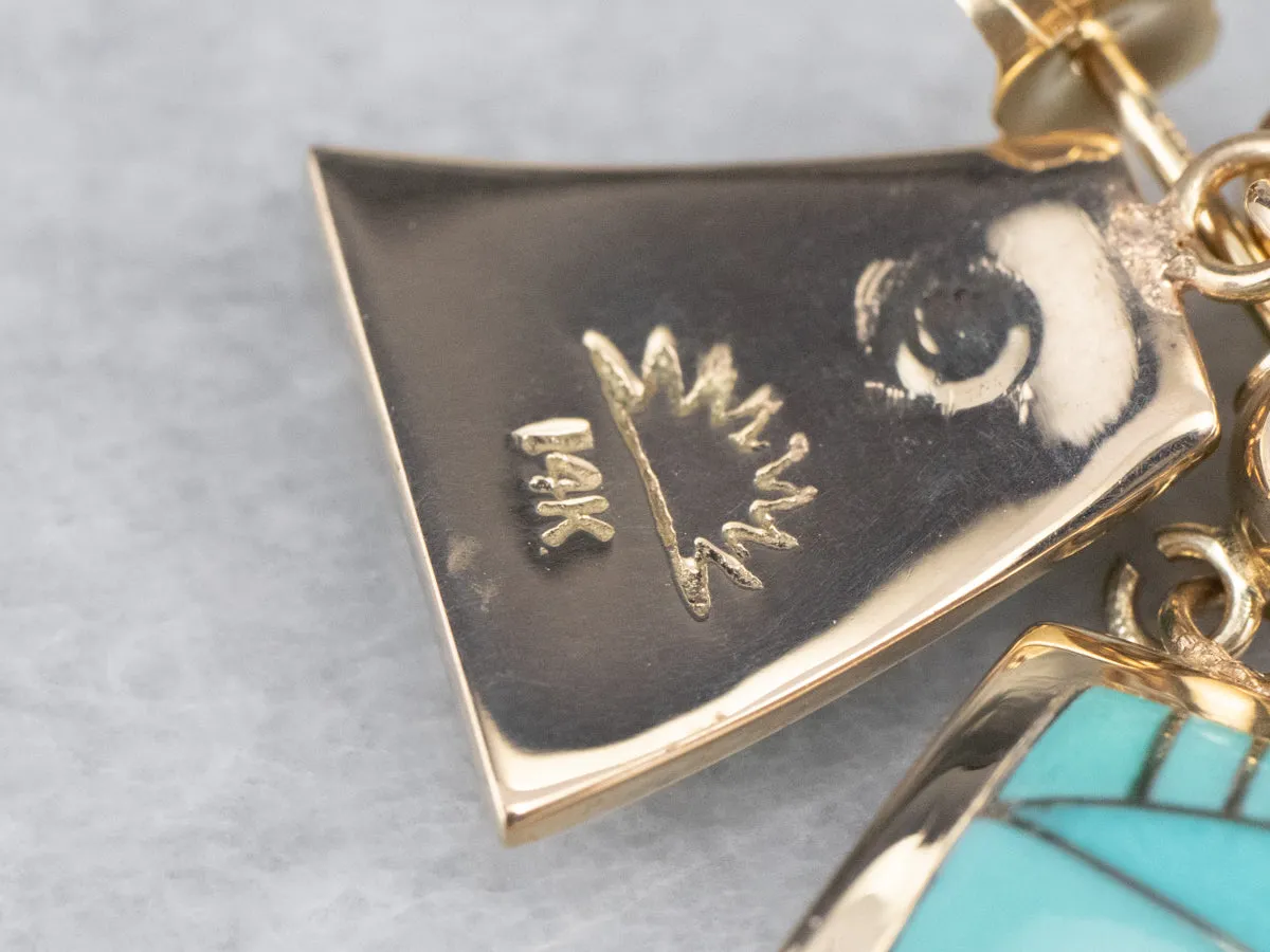 Turquoise Intarsia Drop Earrings in Yellow Gold