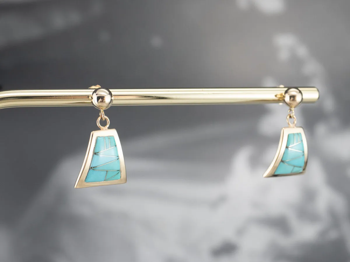 Turquoise Intarsia Drop Earrings in Yellow Gold