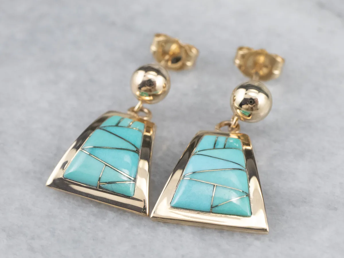 Turquoise Intarsia Drop Earrings in Yellow Gold