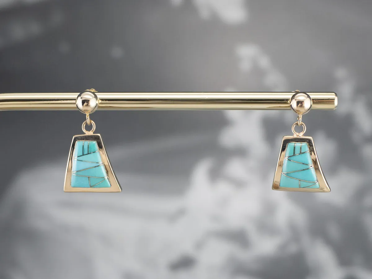 Turquoise Intarsia Drop Earrings in Yellow Gold