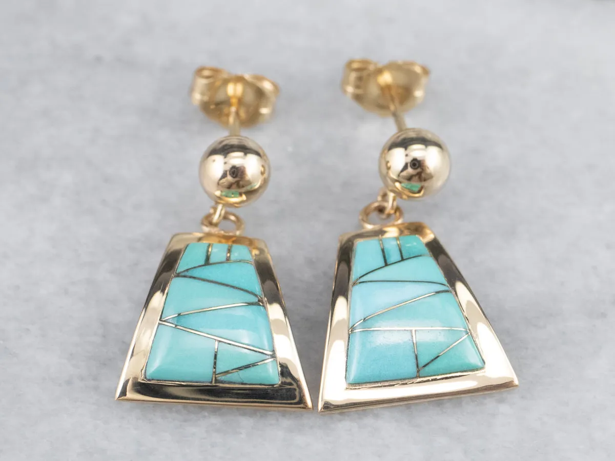 Turquoise Intarsia Drop Earrings in Yellow Gold