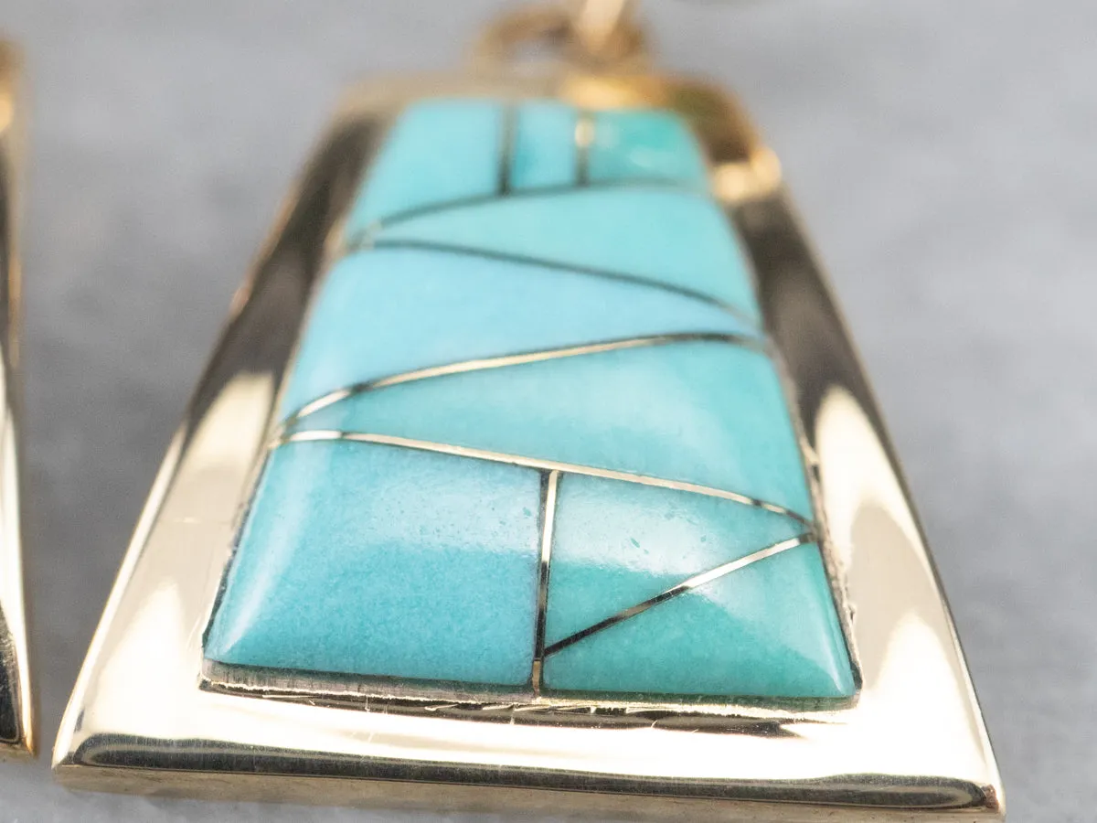 Turquoise Intarsia Drop Earrings in Yellow Gold