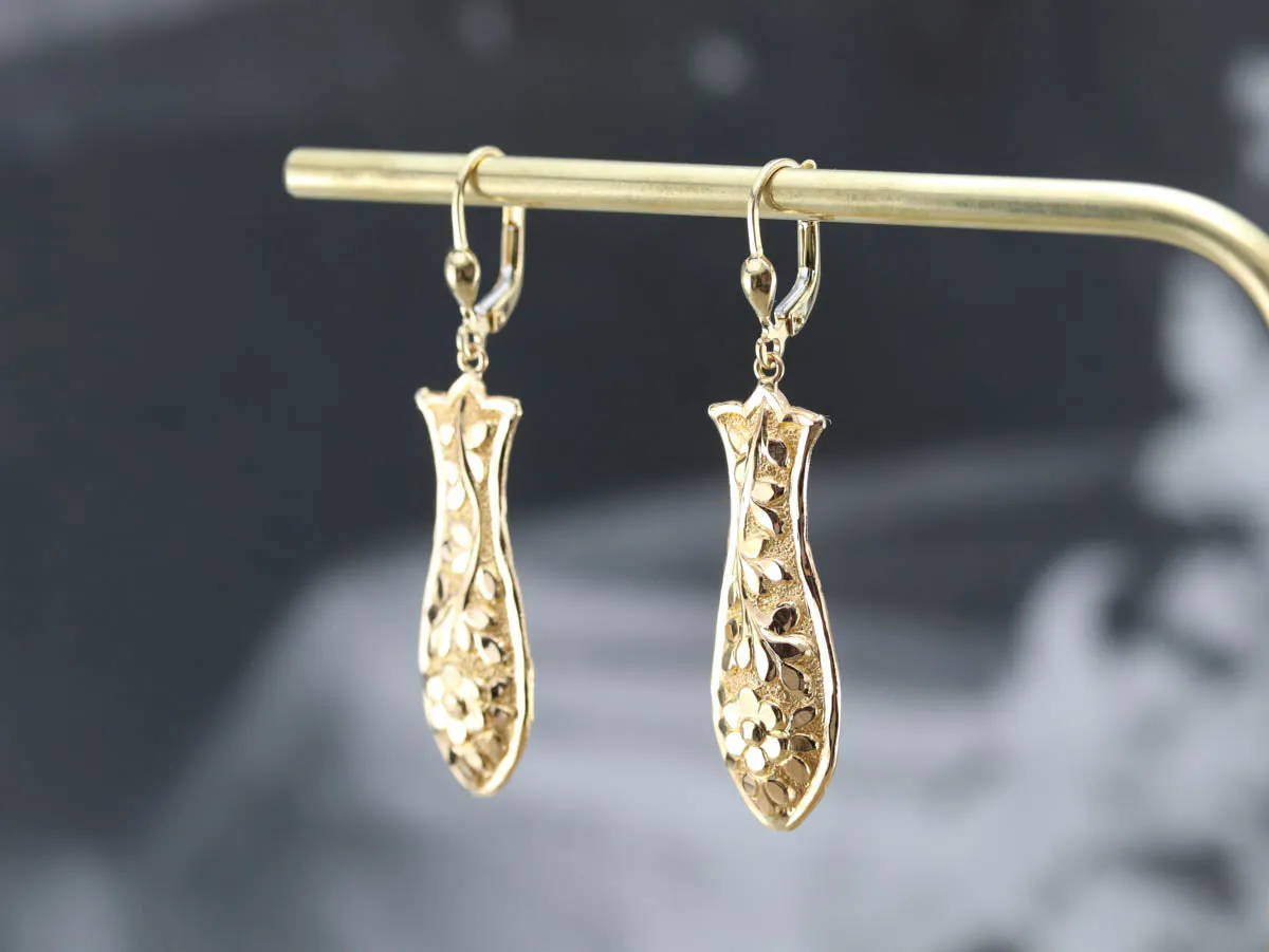 Vintage Yellow Gold Floral Drop Earrings
