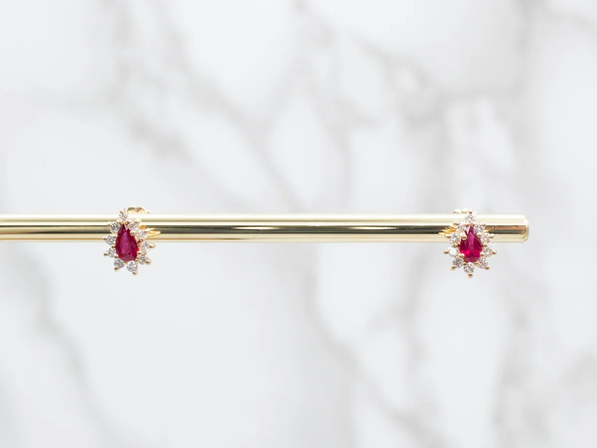 Yellow Gold Ruby Diamond Halo Stud Earrings
